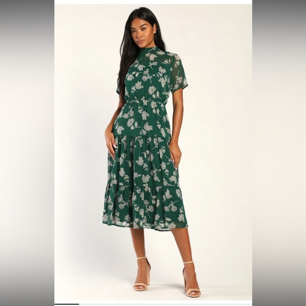Lulus Floral Dressed Up Dark Green Floral Print Midi Dress in Large